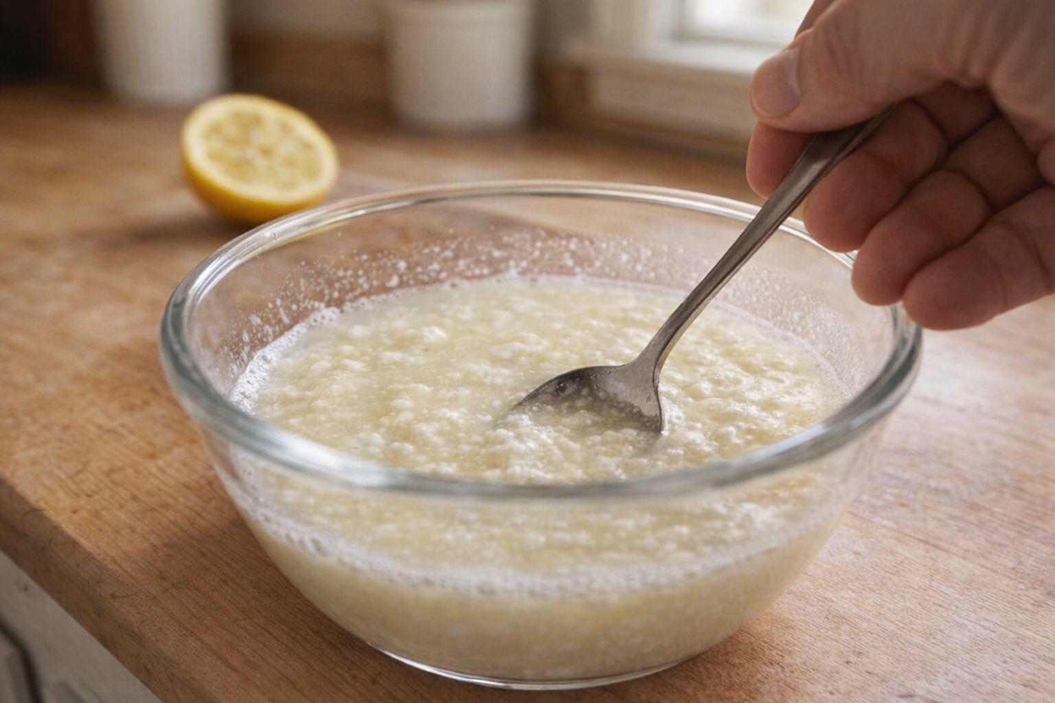 A glass bowl containing milk with lemon juice, showing visible curdling, stirred with a spoon, bright kitchen lighting